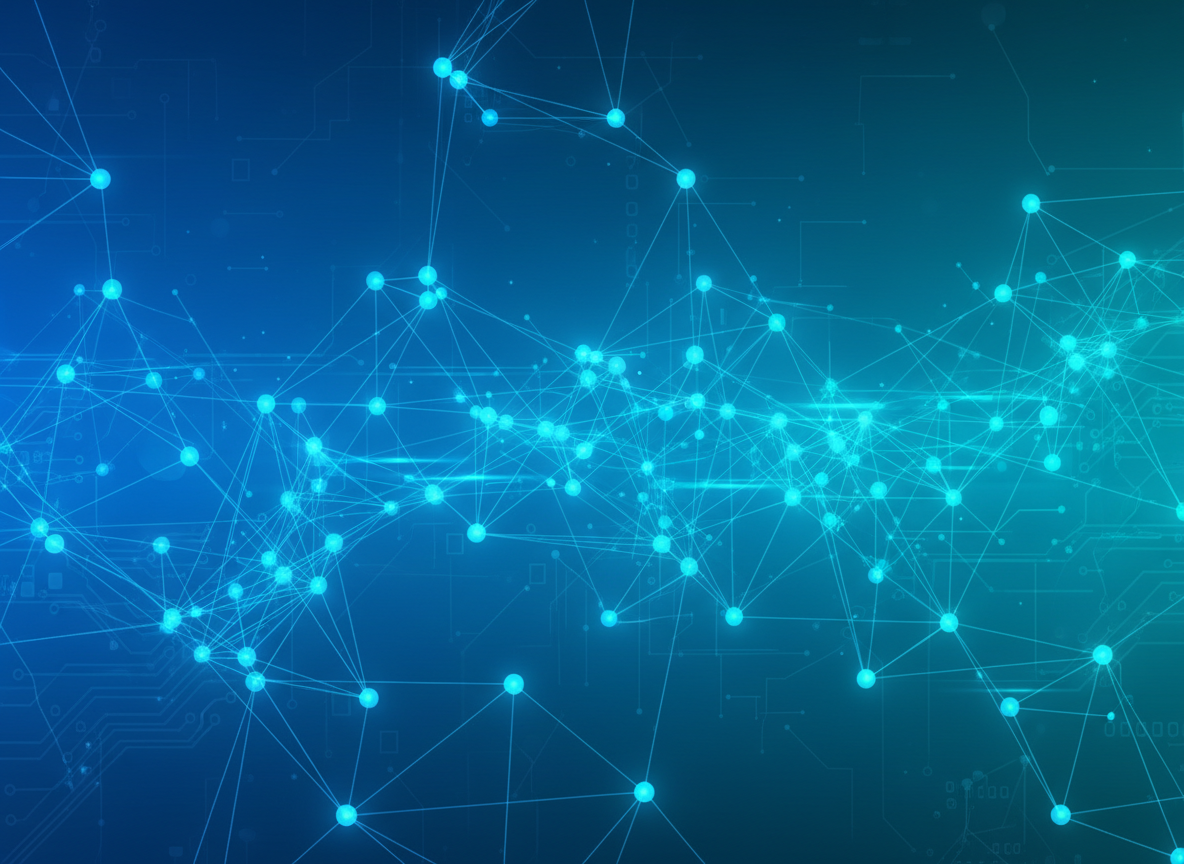 Abstract technology background, vivid royal blue to deep teal gradient, glowing cyan and white network nodes connected by thin bright lines, subtle circuit board patterns, data streams, modern and professional, energetic and vibrant but not overly dark, balanced contrast, no text, wide landscape format